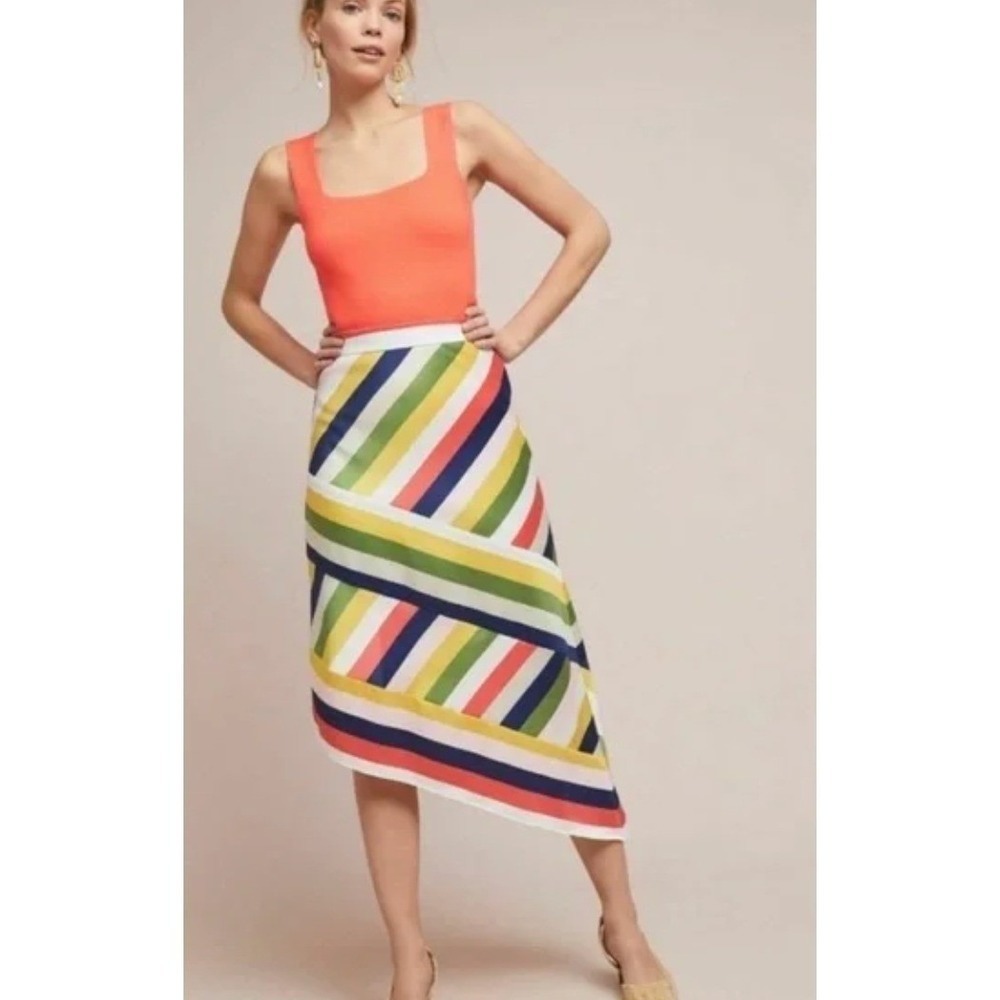 Hutch Skirt Womens 6 Multicolor Striped Sierra Asymmetrical Hem Midi Mod Preppy